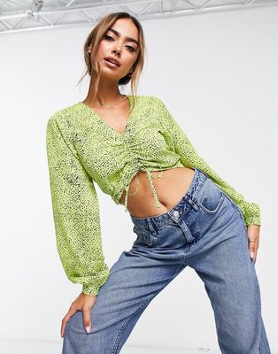 Noisy May long sleeve v neck crop top with ruching details in green multi