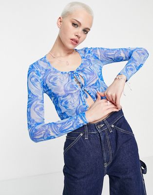 Noisy May mesh tie front cardigan in blue marble print - part of a set