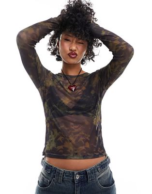 Noisy May mesh top in black and green print-Multi