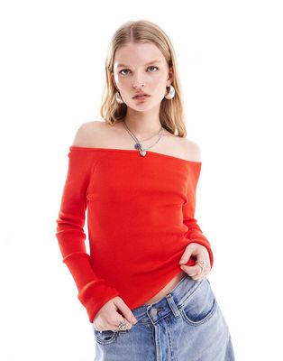 Noisy May off shoulder knit long sleeve top in red