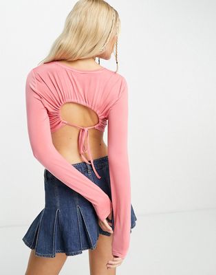 Noisy May open back detail top in coral-Orange