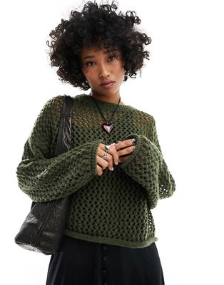 Noisy May open knit sweater in khaki-Green