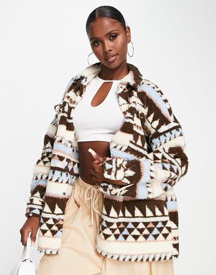 Noisy May oversized fleece jacket in brown pattern print-Multi