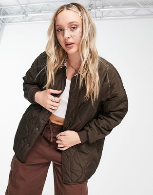 Noisy May oversized quilted jacket in chocolate brown
