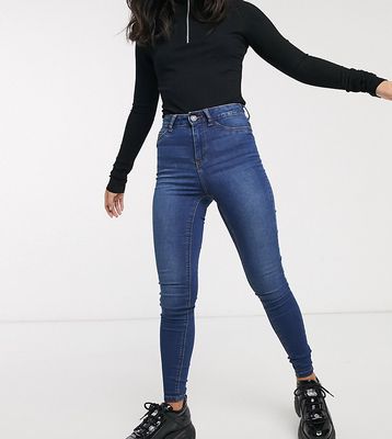 Noisy May Petite Callie high waisted skinny jeans in mid blue wash-Black