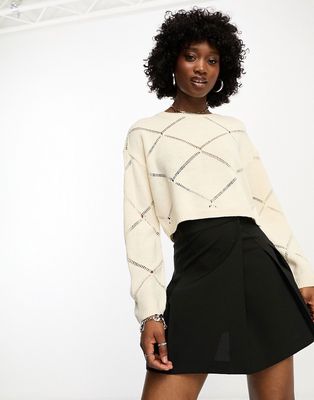 Noisy May pointelle wide neck sweater in cream-White