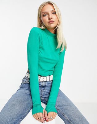 Noisy May ribbed high neck knitted top in bright green