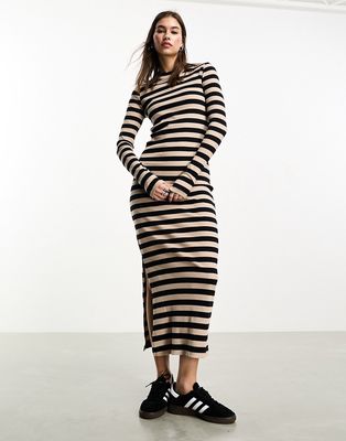 Noisy May ribbed maxi dress in black & beige stripe-Multi