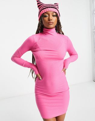 Noisy May ribbed turtle neck dress in baby pink