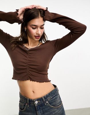 Noisy May ruched front bell sleeve top in brown