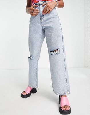 Noisy May Sallie ripped knee acid wash wide leg jeans in light blue