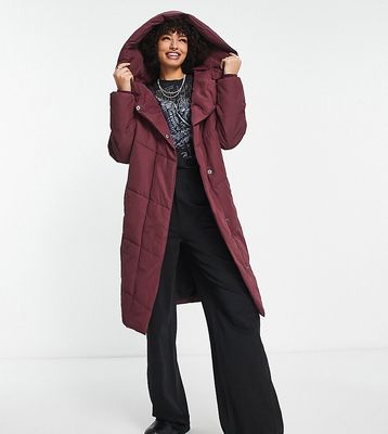 Noisy May Tall longline padded coat with hood in dark red