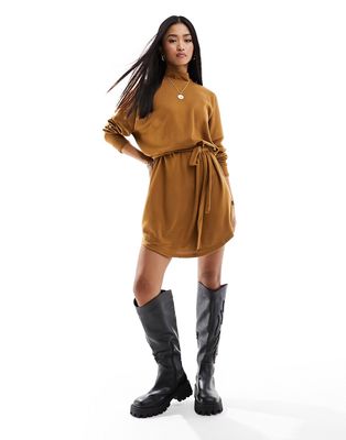 Noisy May tie waist high neck knitted mini sweater dress in brown