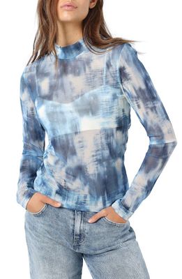 Noisy may Violet Mock Neck Long Sleeve Mesh Top in Bright White/Blue