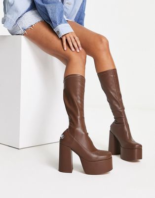 NOKWOL Emmie platform knee boots in chocolate brown