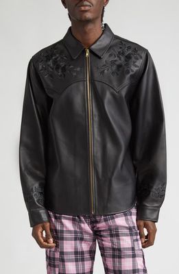 Noon Goons Drop Top Floral Embroidered Lambskin Leather Zip Shirt Jacket in Black