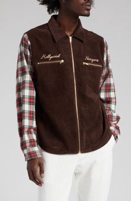 Noon Goons Plaid Sleeve Corduroy Zip Shirt Jacket in Brown