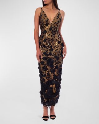 Norah Sequin Deep V-Neck Applique Gown