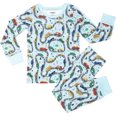 Norani Cars Fitted Two-Piece Stretch Organic Cotton Pajamas in Blue Multi 