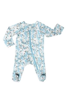 Norani Cherry Blossoms Stretch Organic Cotton Zip Footie in Blue 