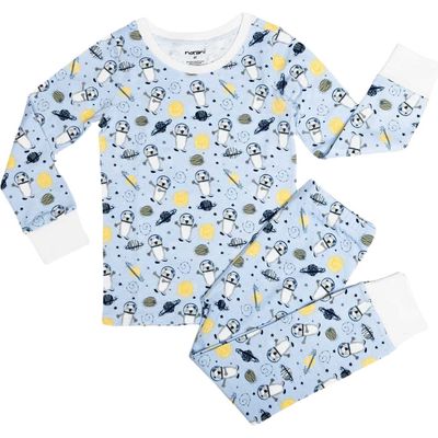 Norani Space Bears Fitted Two-Piece Stretch Organic Cotton Pajamas in Light Blue 