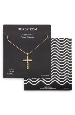 Nordstrom Baguette Cubic Zirconia Cross Pendant Necklace in Clear- Gold