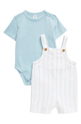 Nordstrom Cotton Bodysuit & Shortalls Set in White- Blue Spaced Stripe