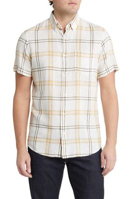 Nordstrom Family Moments Trim Fit Plaid Short Sleeve Linen Blend Button-Down Shirt in Ivory Cloud Louis Plaid