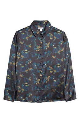 Nordstrom Floral Satin Button-Up Shirt in Black- Blue Layered Floral