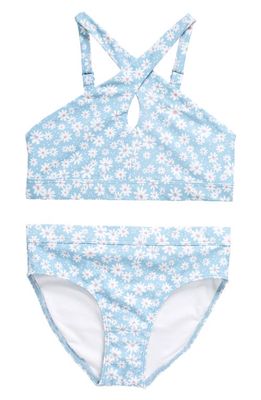 Nordstrom Kids' Floral Crossover Halter Neck Two-Piece Swimsuit in Blue Iceberg Dense Daisy