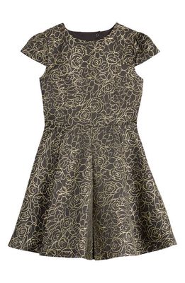 Nordstrom Kids' Metallic Cap Sleeve Pleated Party Dress in Black- Gold Outline Floral