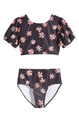 Nordstrom Kids' Puff Sleeve Two-Piece Swimsuit in Black Daisy Dot