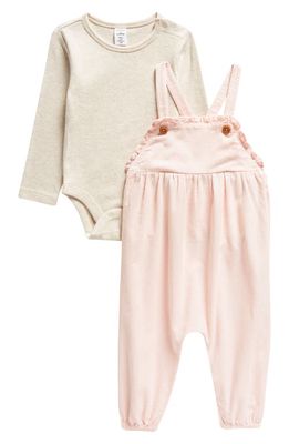 Nordstrom Long Sleeve Cotton Bodysuit & Corduroy Overalls Set in Pink Lotus- Beige Heather