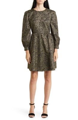 Nordstrom Matching Family Moments Metallic Floral Long Sleeve Fit & Flare Dress in Black- Gold Outline Floral