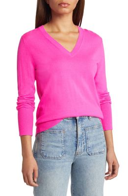 Nordstrom Merino Wool Blend V-Neck Sweater in Pink Neon