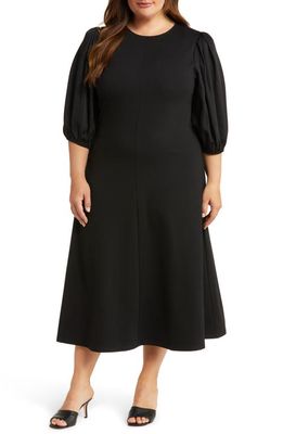 Nordstrom Mixed Media Puff Sleeve A-Line Dress in Black