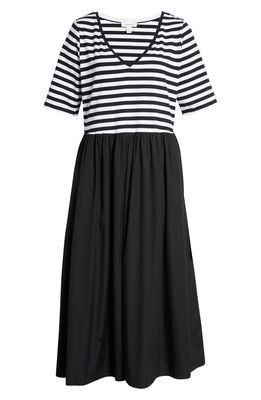 Nordstrom Mixed Media V-Neck Midi Dress in Black-White Stripe Combo