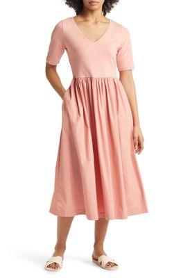 Nordstrom Mixed Media V-Neck Midi Dress in Pink Dawn