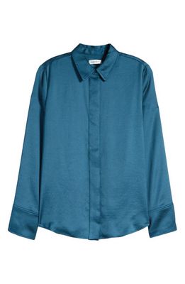Nordstrom Oversize Satin Button-Up Top in Blue Ceramic