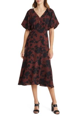 Nordstrom Puff Sleeve Midi Dress in Brown Raisin Floral