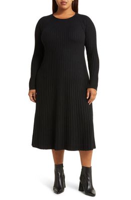 Nordstrom Rib Long Sleeve Wool Blend Midi Sweater Dress in Black