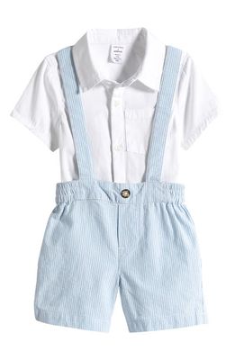 Nordstrom Short Sleeve Cotton Button-Up Bodysuit & Stripe Shortalls Set in Blue Basalt Rupert Stripe