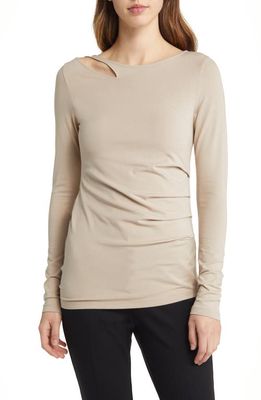 Nordstrom Signature Pleated Long Sleeve Knit Top in Tan Cobblestone