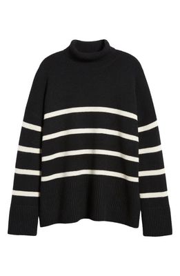 Nordstrom Signature Stripe Cashmere Turtleneck Sweater in Black- Ivory Soft Stripe