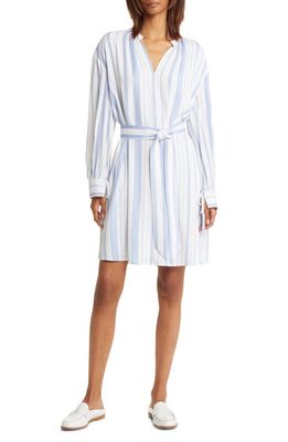 Nordstrom Signature Variegated Stripe Long Sleeve Stretch Silk Dress in White- Blue Variegated Stripe