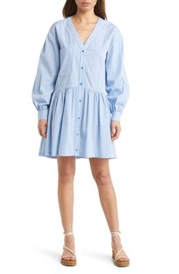 Nordstrom Stripe Long Sleeve Cotton Poplin Dress in Blue Robbia- White Stripe