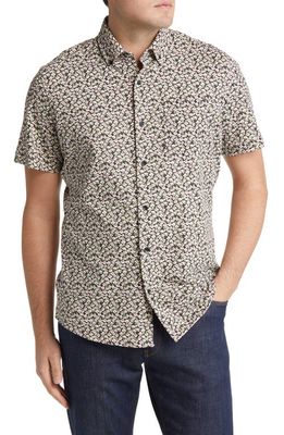 Nordstrom Tech-Smart Trim Fit Floral Short Sleeve Button-Down Shirt in Black- White Pansy Print