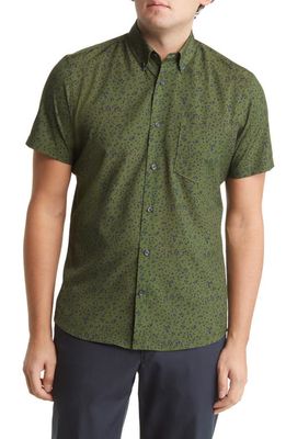 Nordstrom Tech-Smart Trim Fit Stretch Floral Short Sleeve Button-Down Shirt in Green- Navy Micro Specs