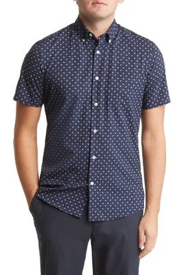 Nordstrom Tech-Smart Trim Fit Stretch Paisley Short Sleeve Button-Down Shirt in Navy- White Mini Paisley