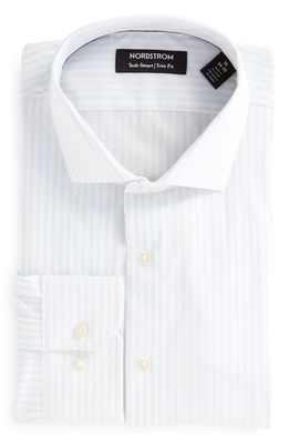 Nordstrom Tech-Smart Trim Fit Stripe Non-Iron Dress Shirt in White- Blue Thin Stripe
